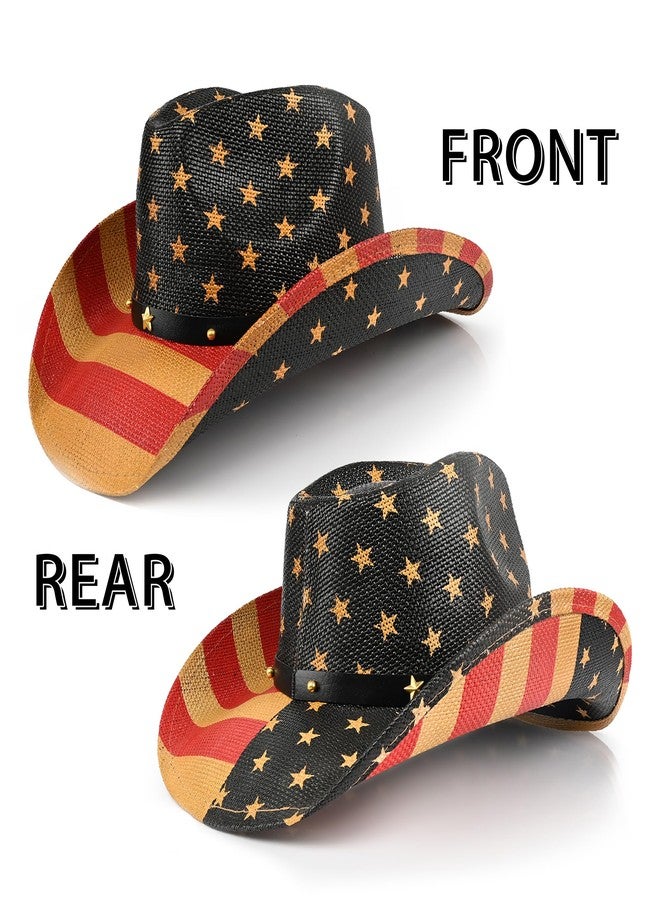 Foeran USA Flag Cowboy Hats for Men's Women's,Cowgirl Hats Western Straw American Flag Hat Beige - Image 4
